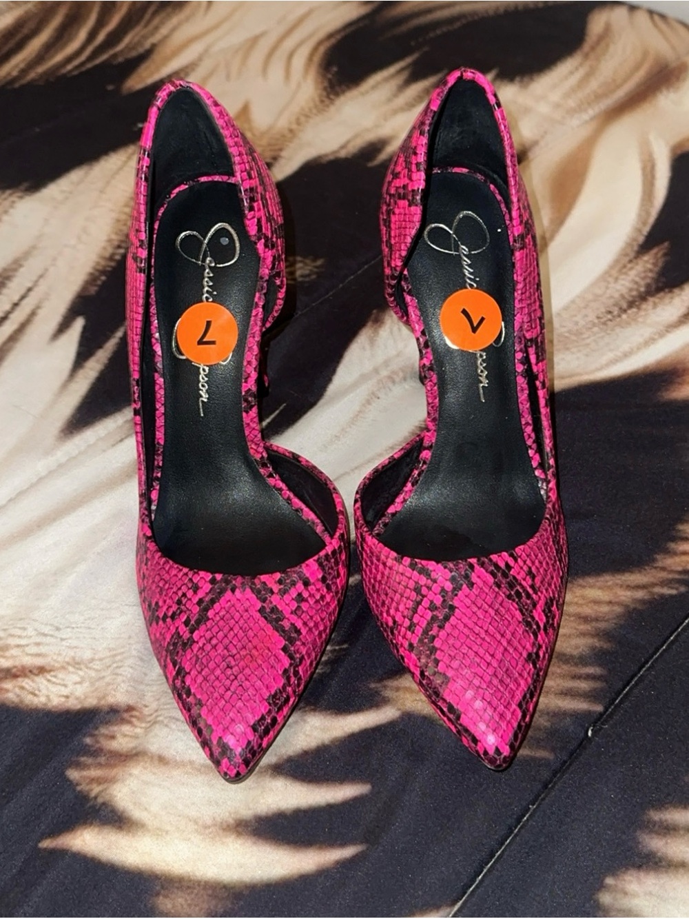 Jessica Simpson Hot Pink Snake-Print Pointed Pumps